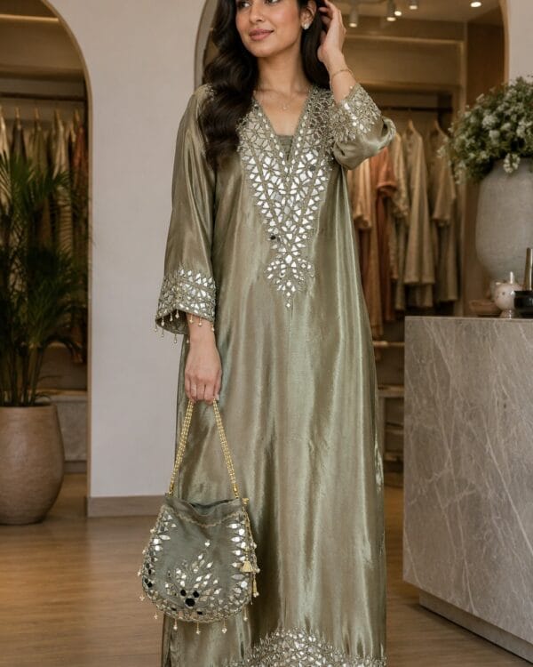 Golden Kareena Style Mirror Work Giraffe Silk Dress