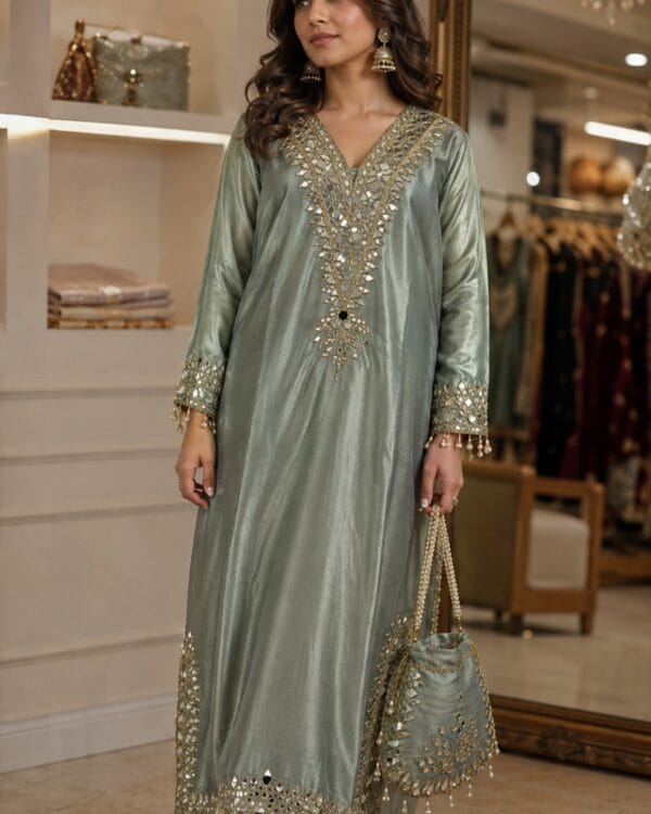 Silver Kareena Style Mirror Work Giraffe Silk Dress