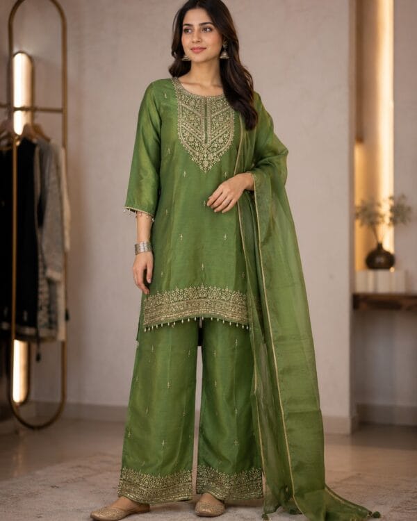 Kelly Green Embroidered Chinon Kurta Pant and Dupatta