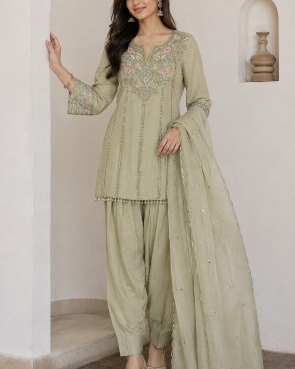 Soft Ivory Embroidered Chinon Kurta Farsi Salwar and Dupatta