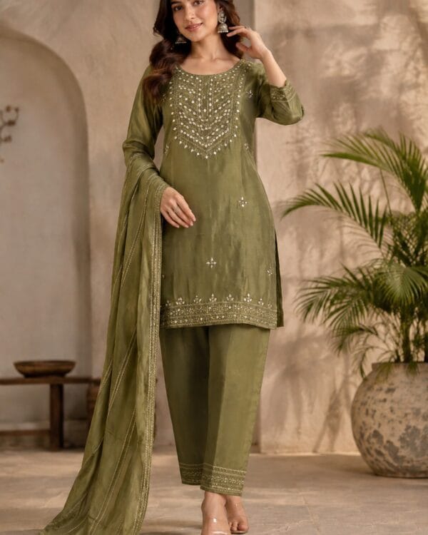 Olive Green Embroidered Tissue Shimmer Kurta Pant and Dupatta