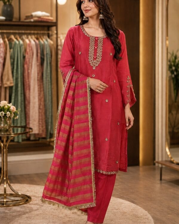 Rani Pink Embroidered Tissue Shimmer Kurta Pant and Dupatta
