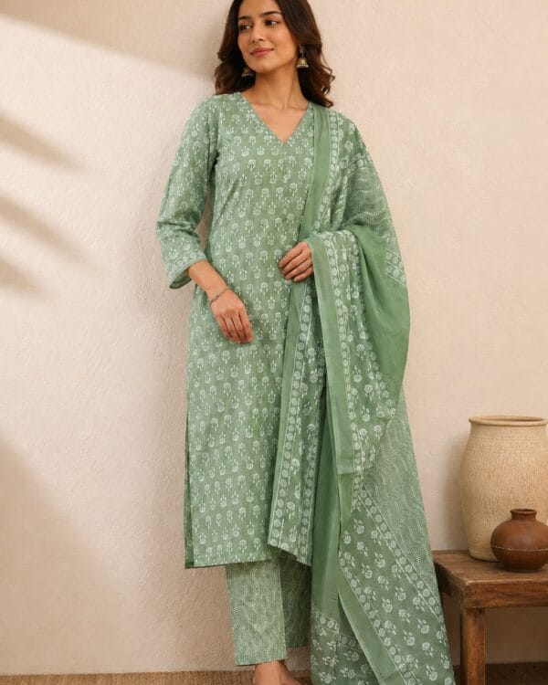 Olive Green Printed Cotton Blend Kurta Pant and Dupatta