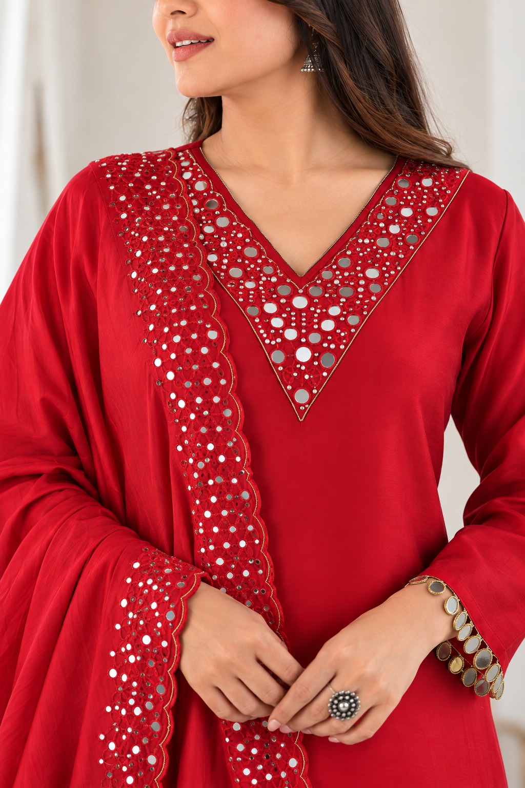 Red Embroidered Roman Glass Kurta Pant and Dupatta - Image 5