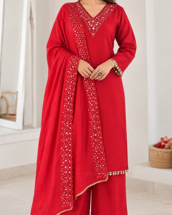 Red Embroidered Roman Glass Kurta Pant and Dupatta