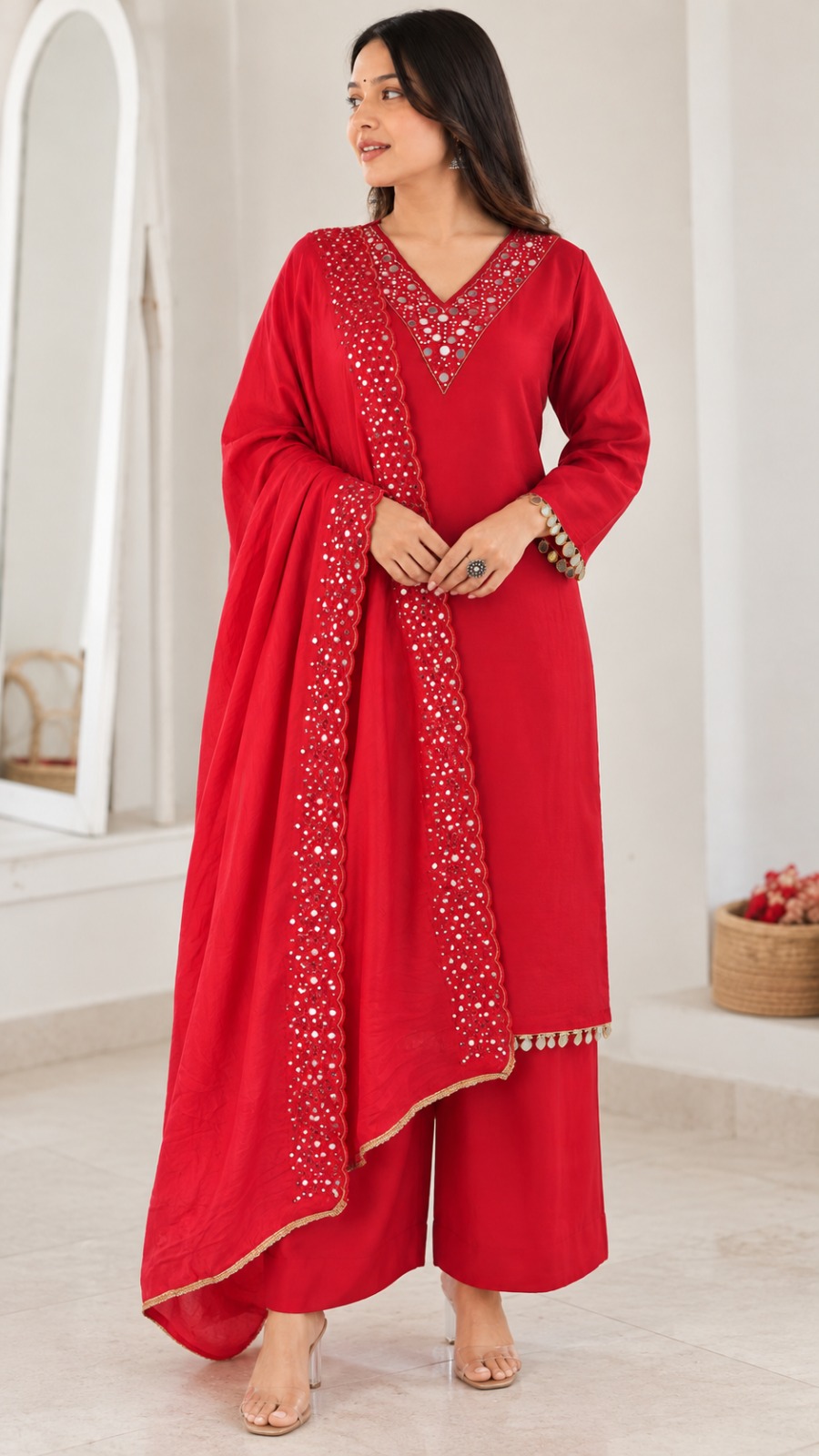 Red Embroidered Roman Glass Kurta Pant and Dupatta