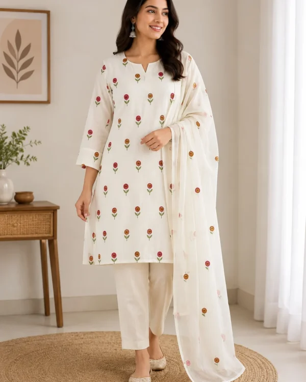 White Embroidered Cotton Blend Kurta Pant and Dupatta
