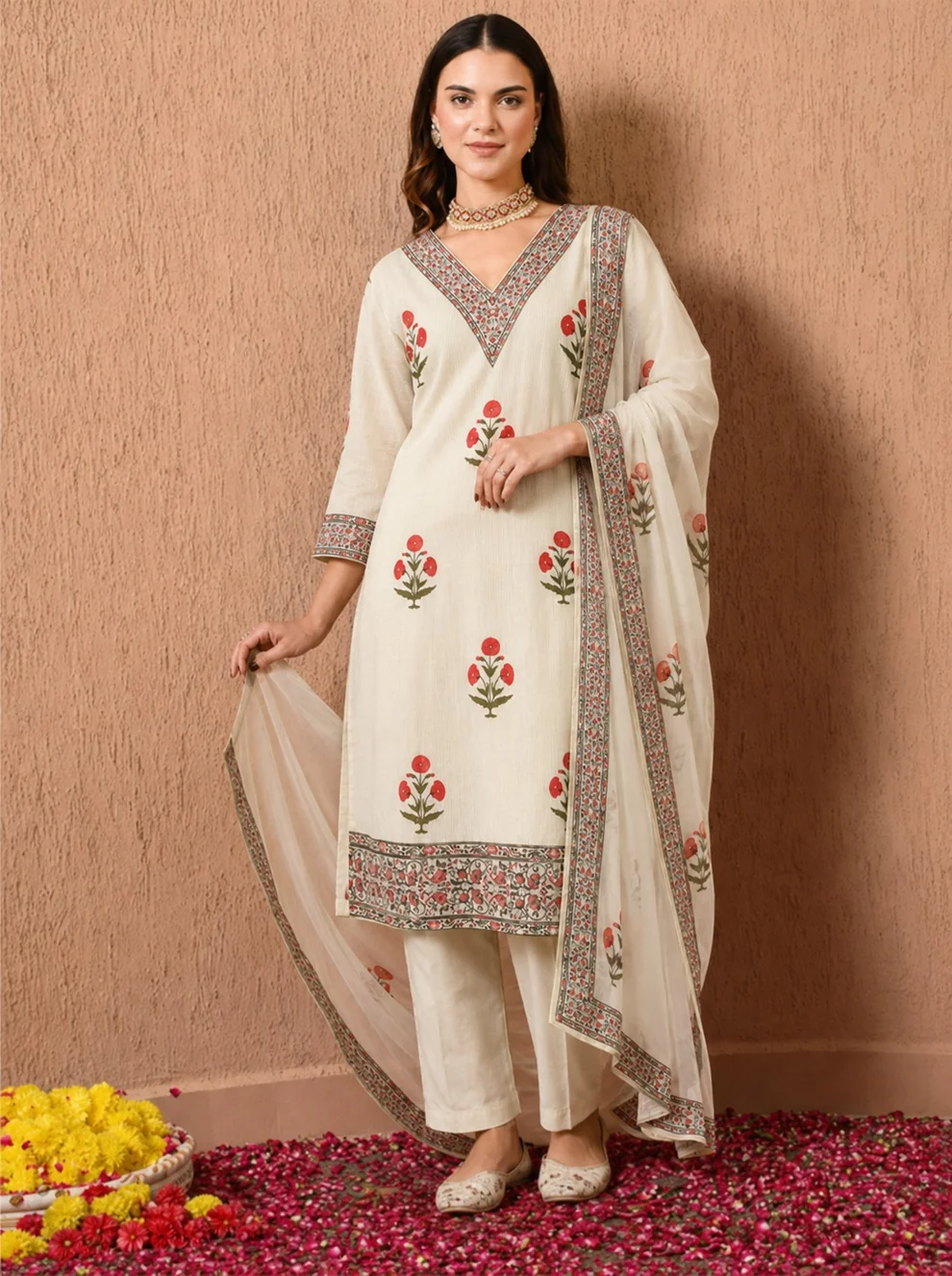 White Printed Kota Doria Cotton Kurta Pant and Dupatta - Image 2