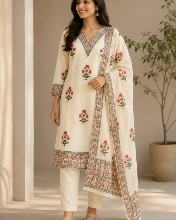 White Printed Kota Doria Cotton Kurta Pant and Dupatta