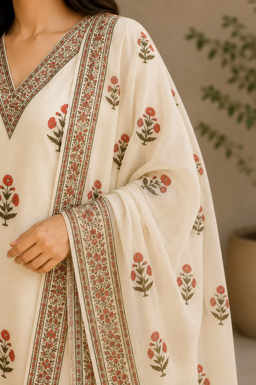 White Printed Kota Doria Cotton Kurta Pant and Dupatta - Image 3