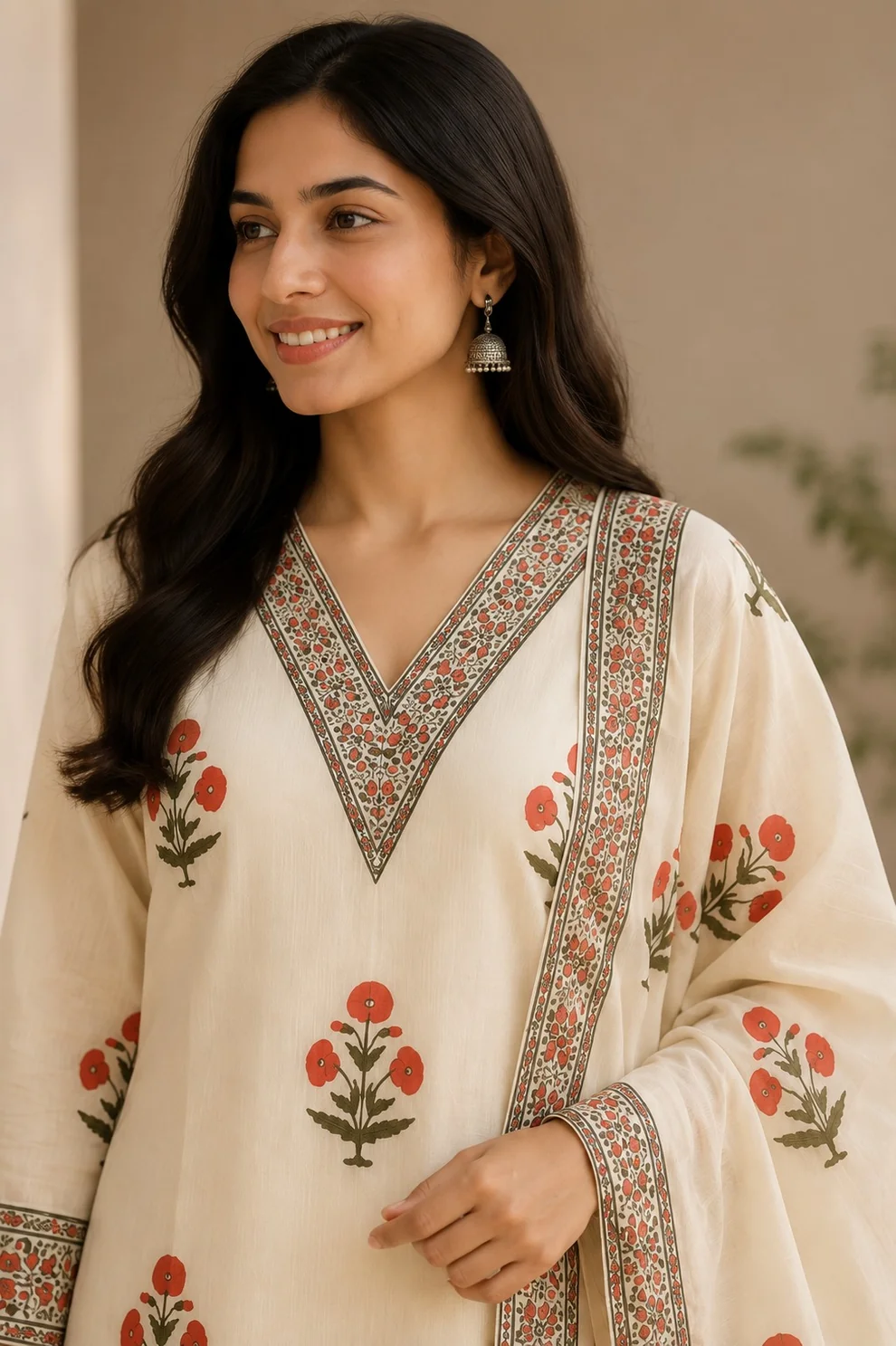 White Printed Kota Doria Cotton Kurta Pant and Dupatta - Image 4