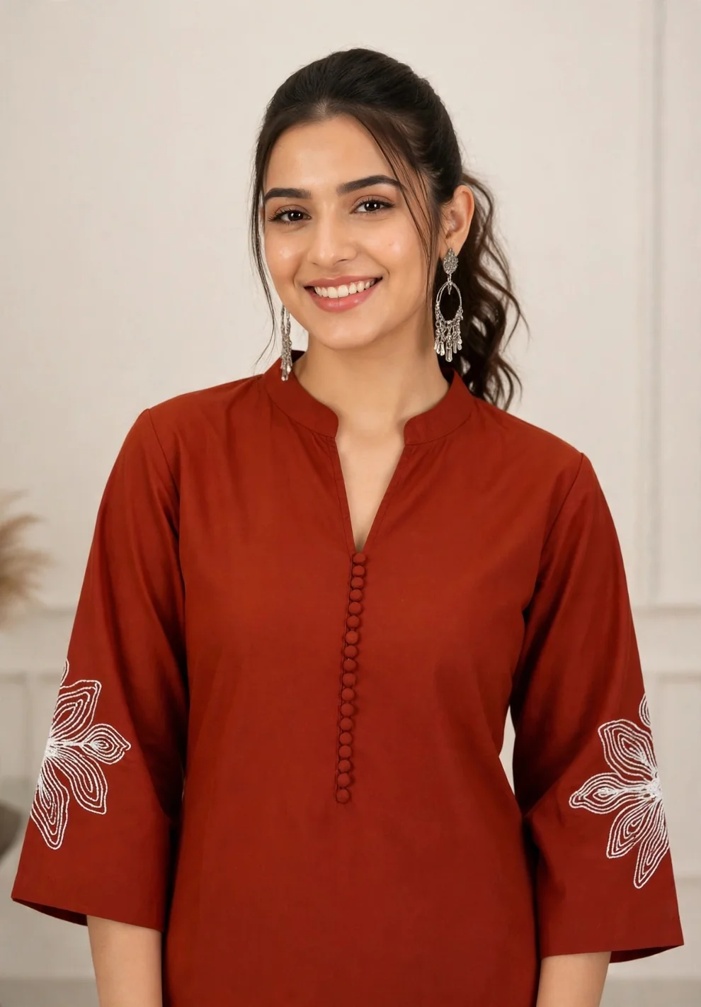 Rust Orange With White Embroidered Cotton Blend Kurta Pant Set - Image 3