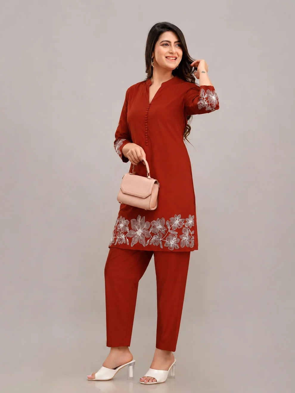 Rust Orange With White Embroidered Cotton Blend Kurta Pant Set - Image 2