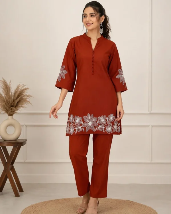 Rust Orange With White Embroidered Cotton Blend Kurta Pant Set