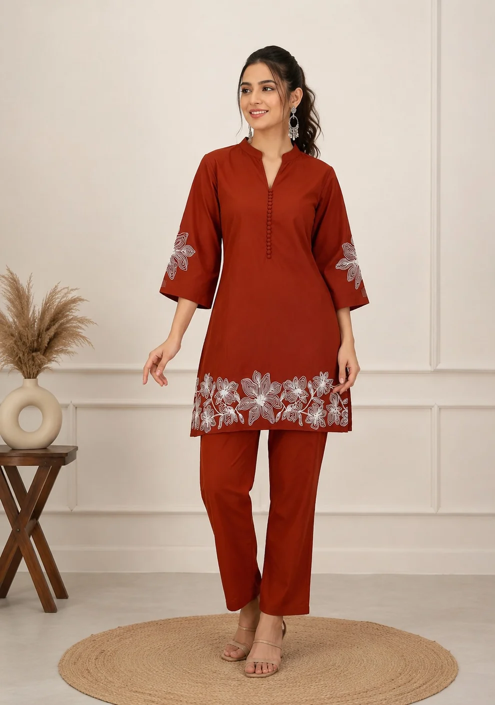 Rust Orange With White Embroidered Cotton Blend Kurta Pant Set