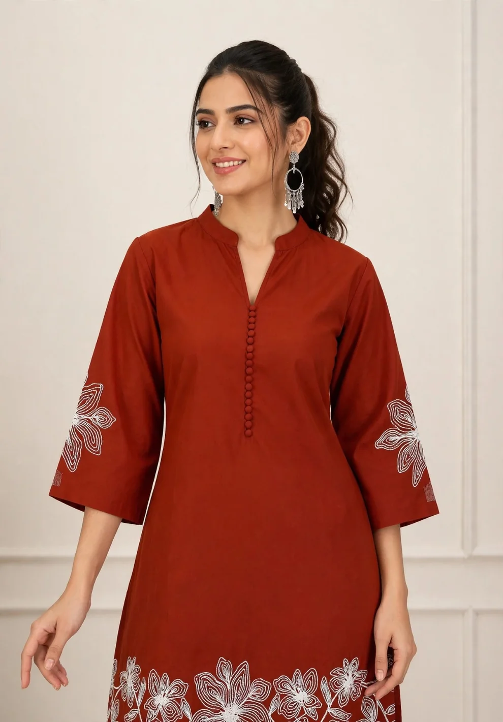 Rust Orange With White Embroidered Cotton Blend Kurta Pant Set - Image 4