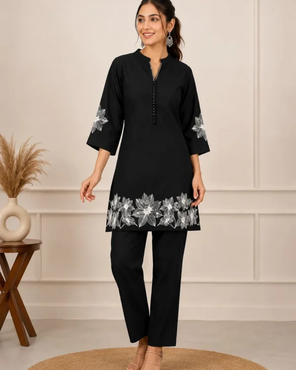 Black Floral Embroidered Cotton Blend Kurta Pant Set