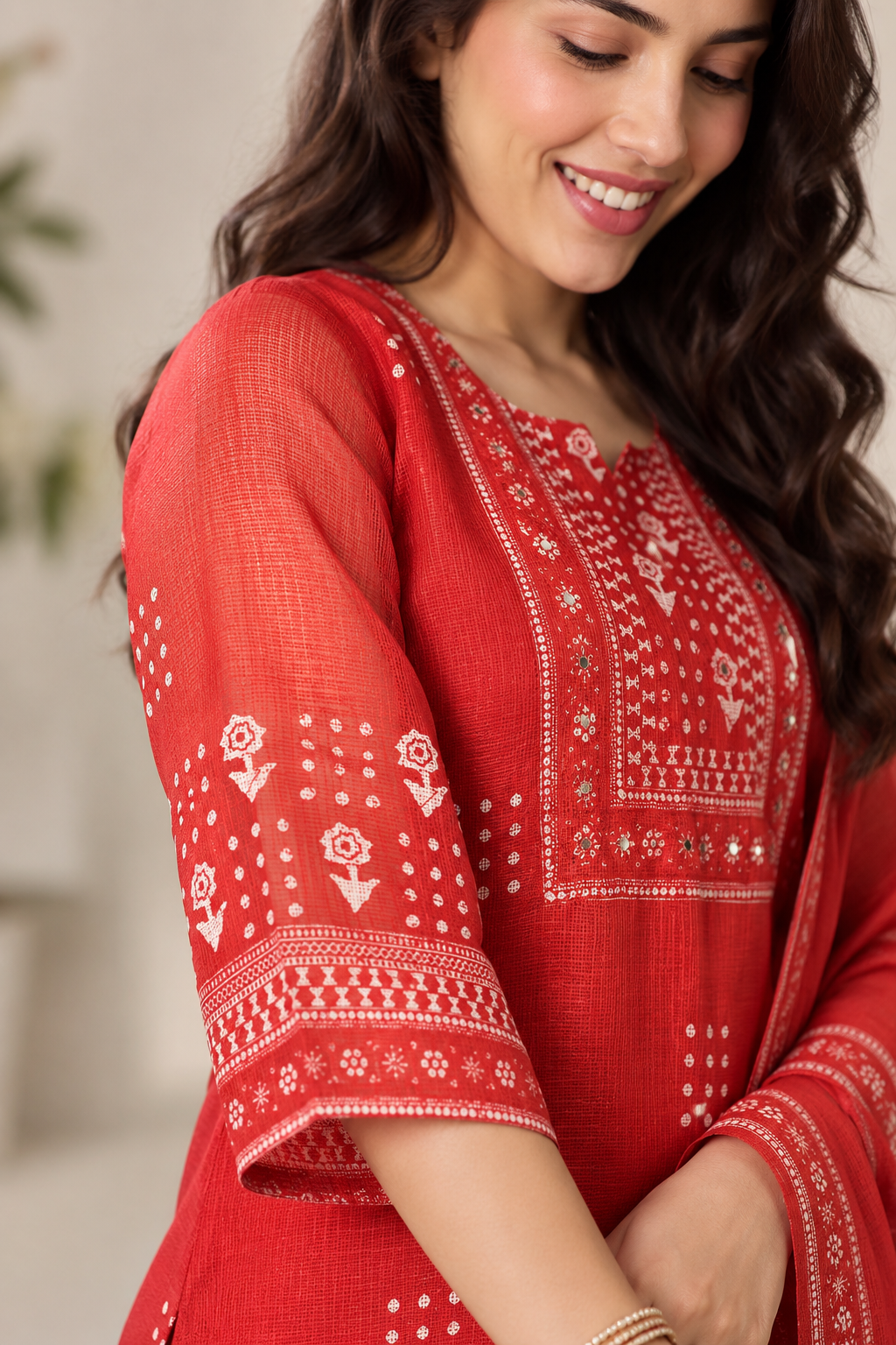 Rust Red Printed Cotton Blend Kurta Pant and Dupatta - Image 2