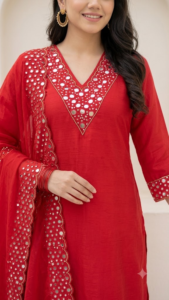 Red Embroidered Roman Glass Kurta Pant and Dupatta - Image 3