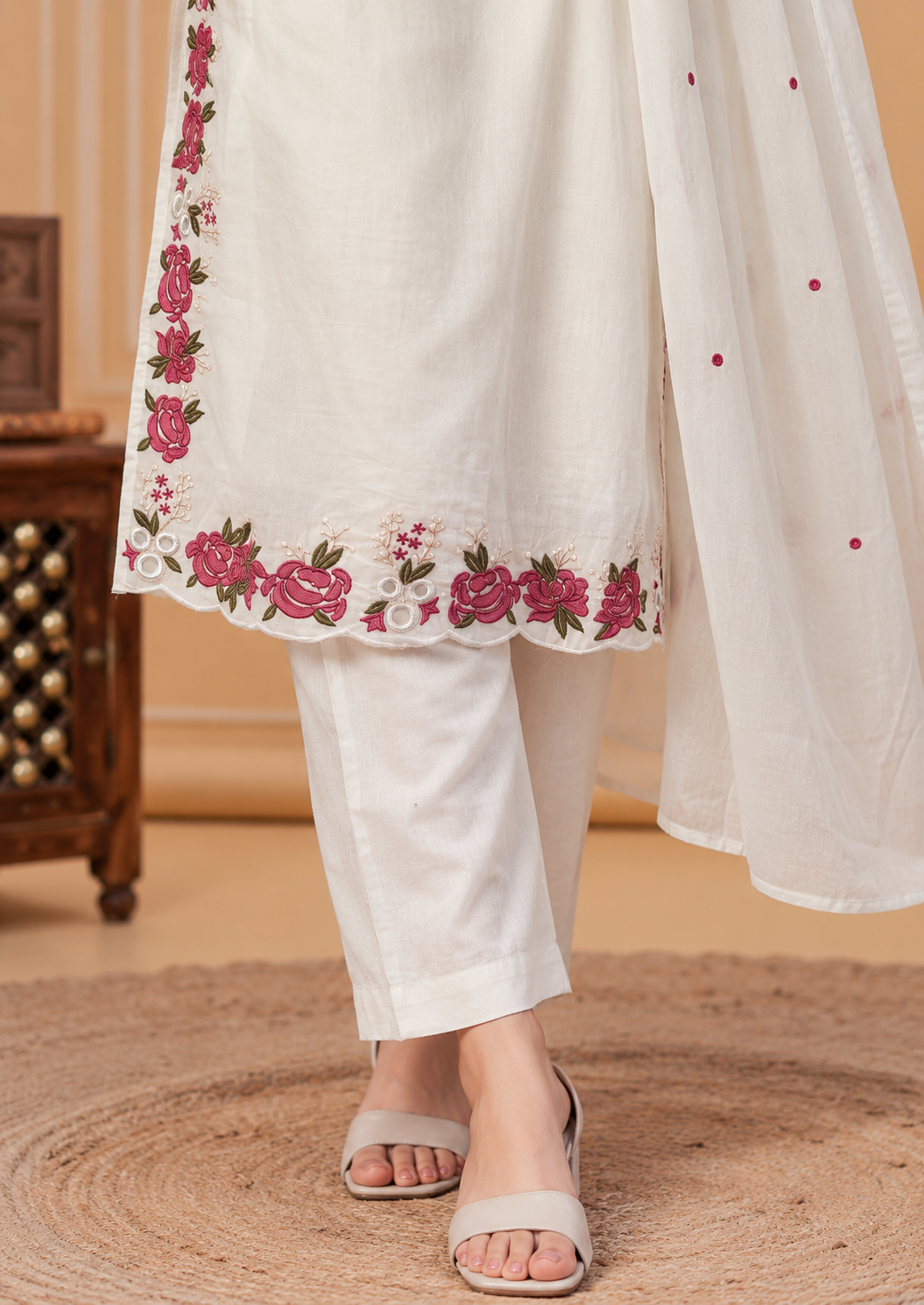 White Emboridered Cotton Blend Kurta Pant and Dupatta - Image 4