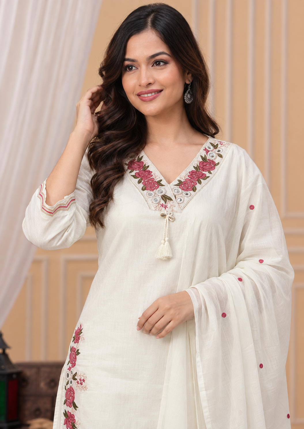 White Emboridered Cotton Blend Kurta Pant and Dupatta - Image 3