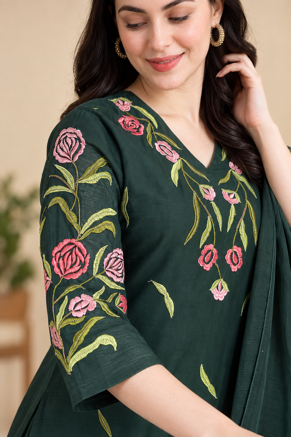 Dark Green Embroidered Rayon Kurta Pant and Dupatta - Image 3