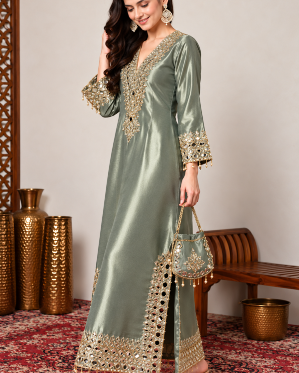 Silver Kareena Style Mirror Work Giraffe Silk Dress