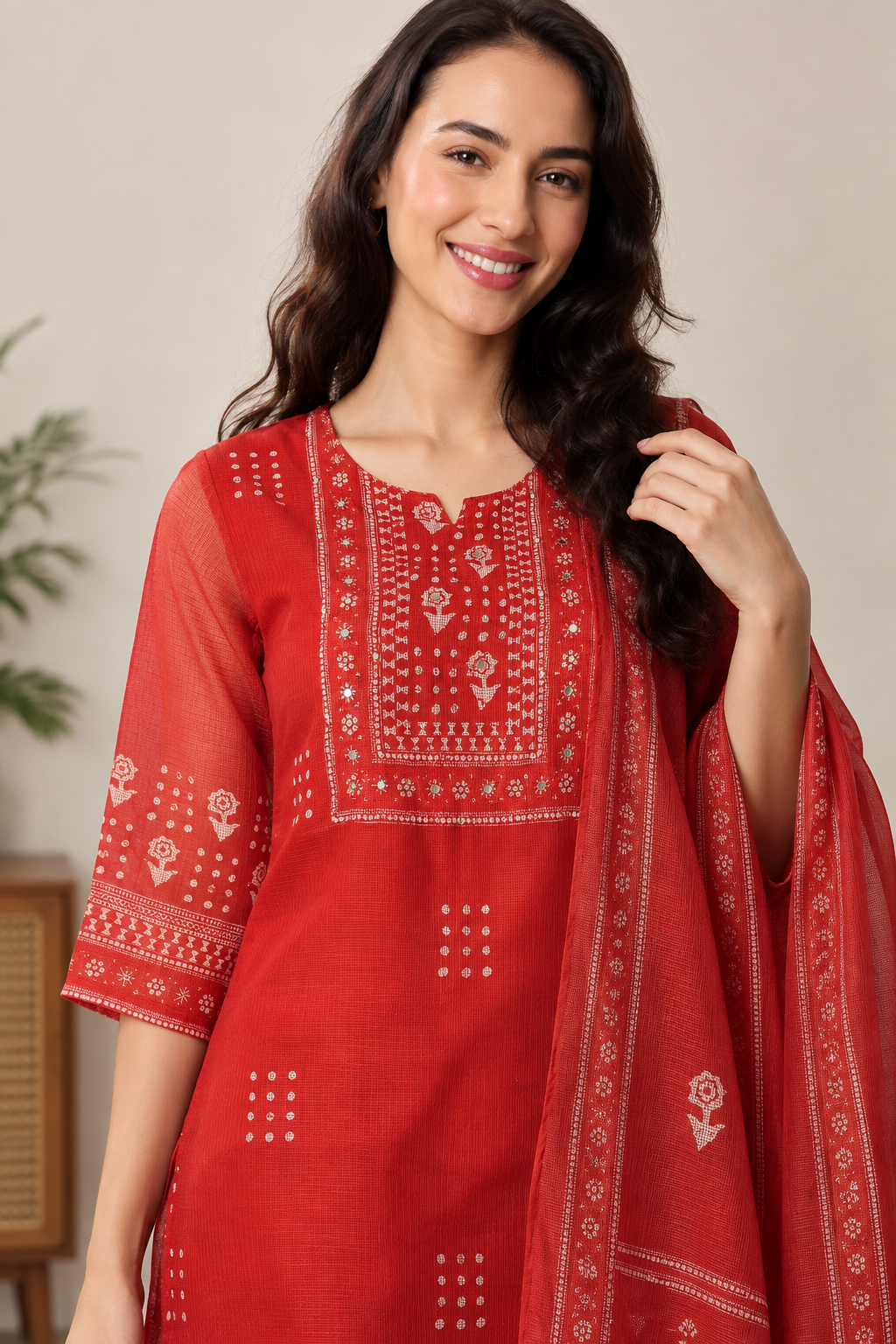 Rust Red Printed Cotton Blend Kurta Pant and Dupatta - Image 3