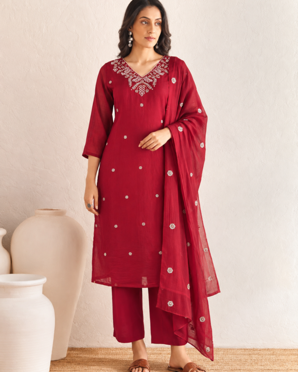 Maroon Embroidered Rayon Kurta Pant and Dupatta