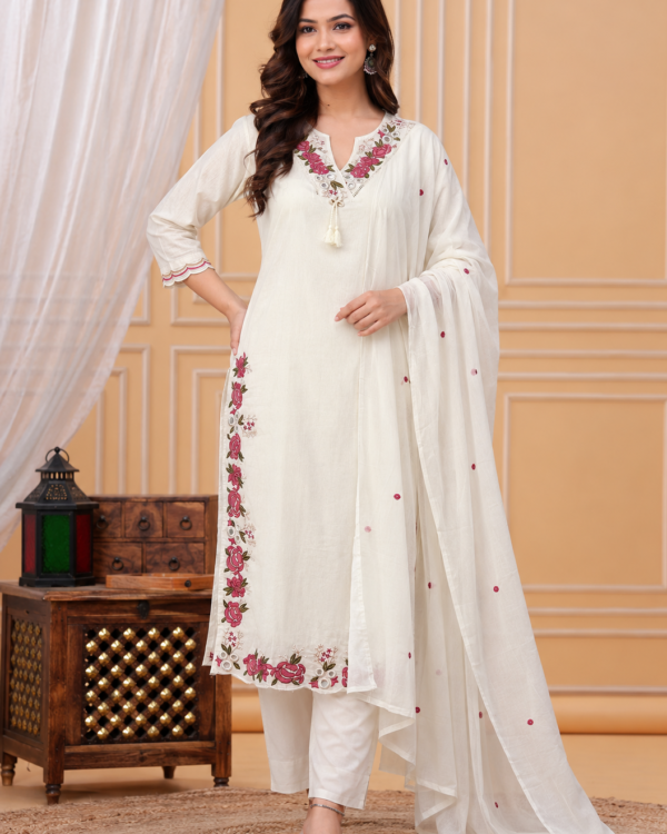 White Emboridered Cotton Blend Kurta Pant and Dupatta