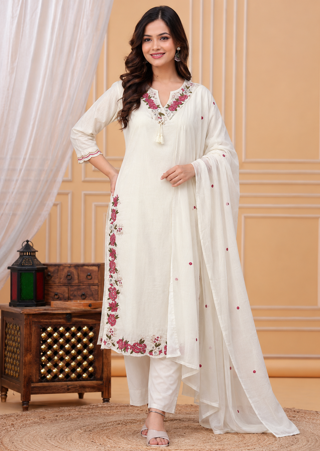 White Emboridered Cotton Blend Kurta Pant and Dupatta