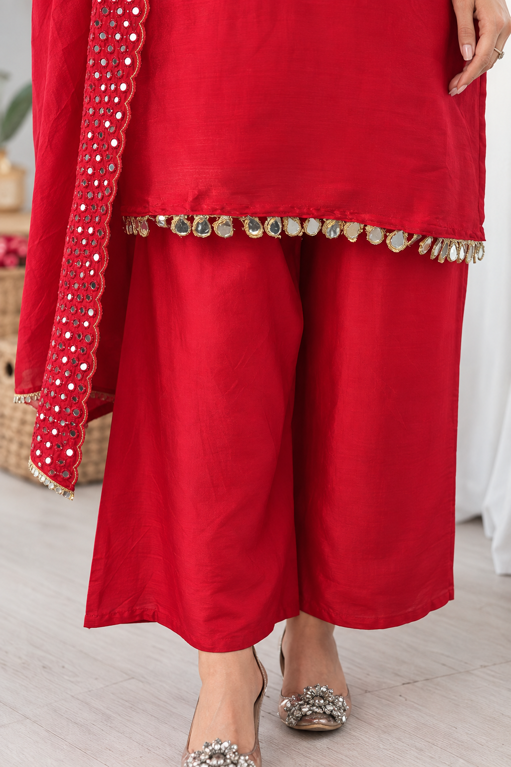 Red Embroidered Roman Glass Kurta Pant and Dupatta - Image 4