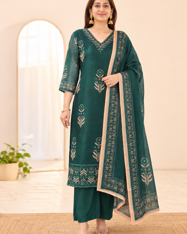 Dark Green Printed Kota Doria Cotton Kurta Pant and Dupatta