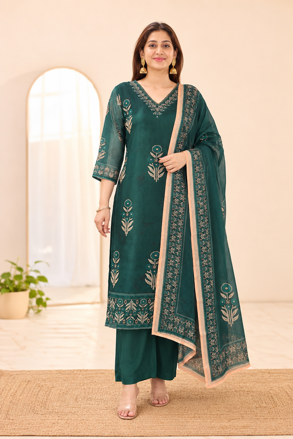 Dark Green Printed Kota Doria Cotton Kurta Pant and Dupatta