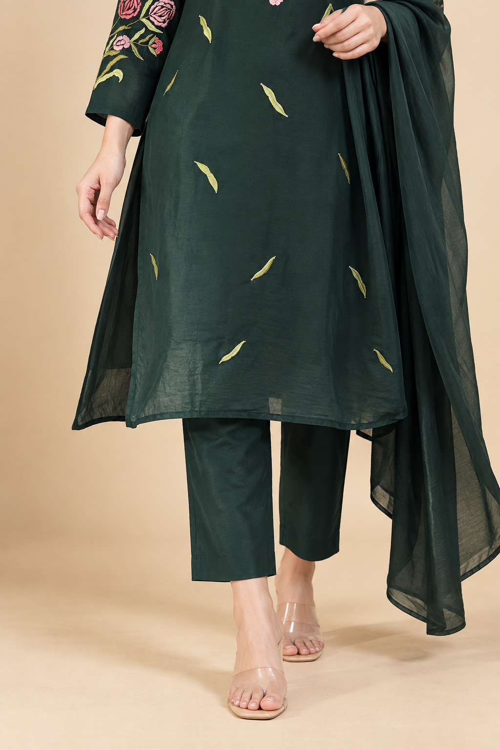 Dark Green Embroidered Rayon Kurta Pant and Dupatta - Image 4