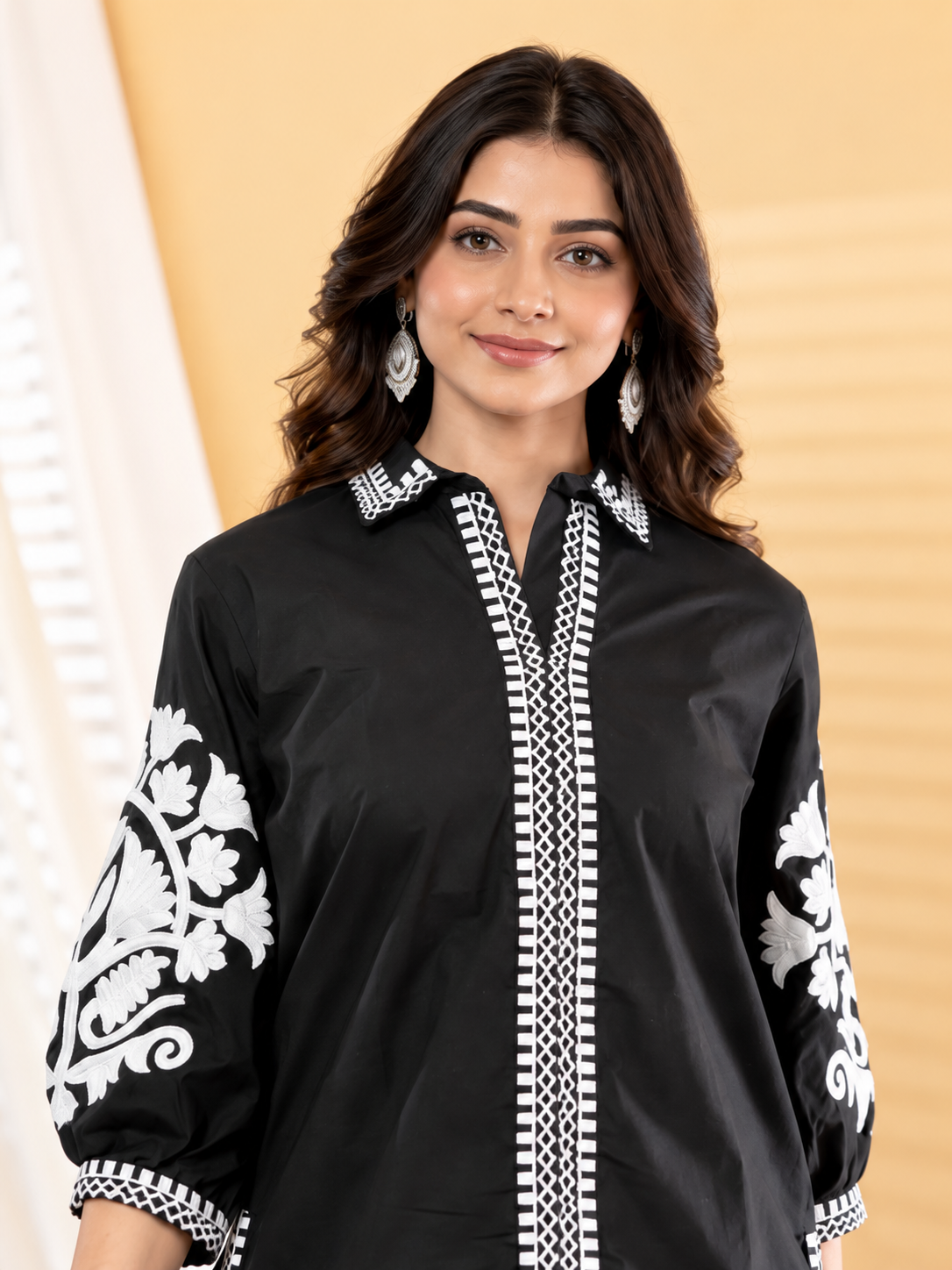 Black With White Thread Embroidered Short Kurta Pant Set - Image 4