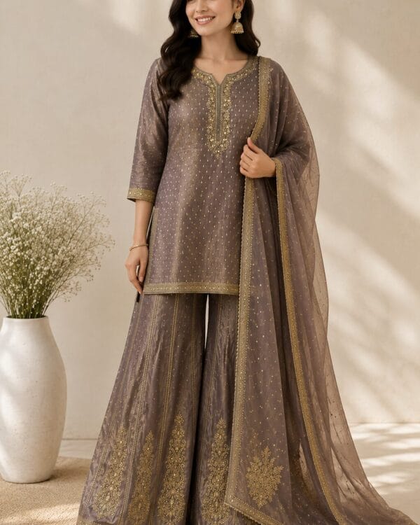 Light Purple Embroidered Chinon Kurta Gharara and Dupatta Set