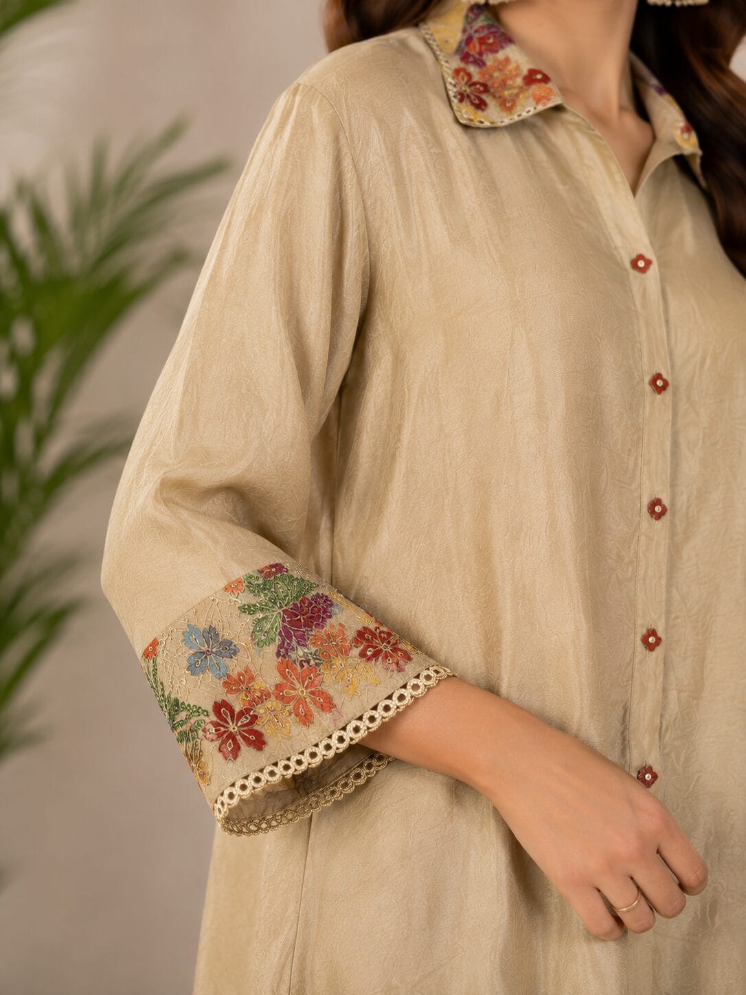 Champagne Beige Embroidered Chinon Kurta Pant Set - Image 4
