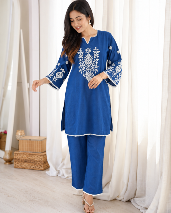 Royal Blue Embroidered Cotton Blend Kurta Pant Set