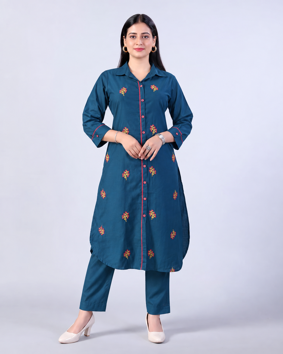 Teal Floral Embroidered Poly Viscose Kurta