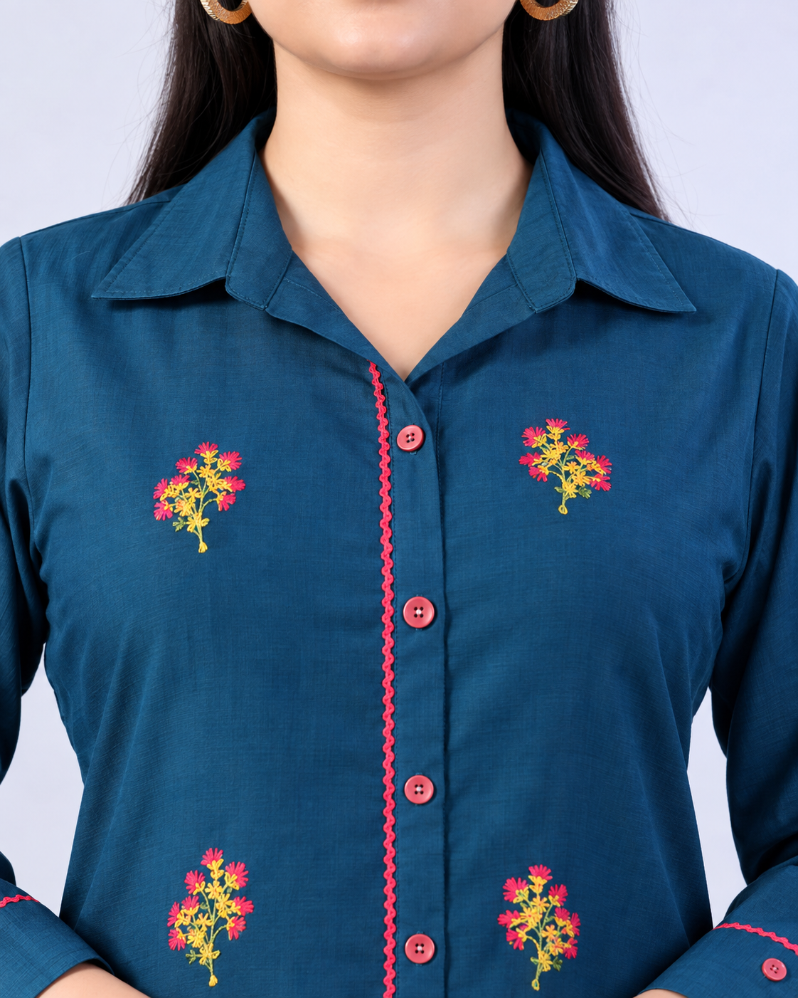 Teal Floral Embroidered Poly Viscose Kurta - Image 4