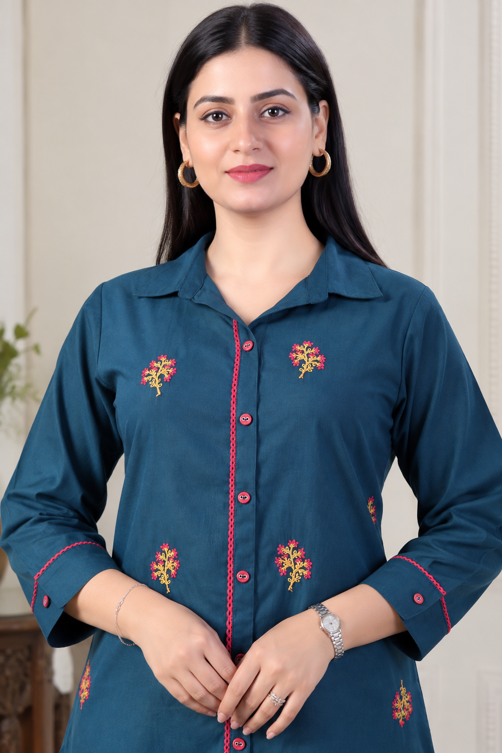 Teal Floral Embroidered Poly Viscose Kurta - Image 2