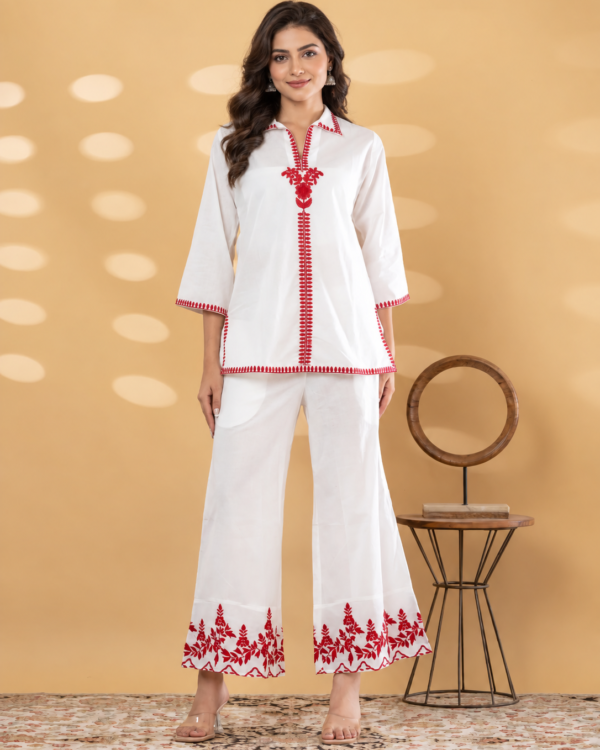 White Embroidered Cotton Blend Co-ord Set