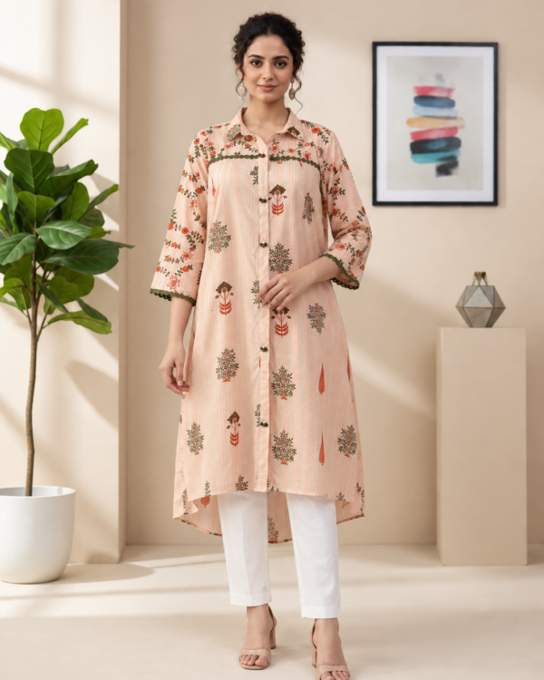 Peach Embroidered Viscose Kurta Pant Set
