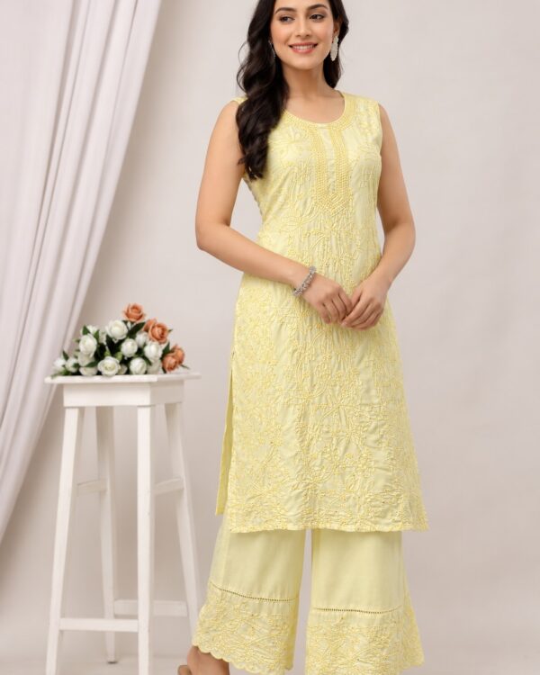 Yellow Embroidered Viscose Kurta Pant Set