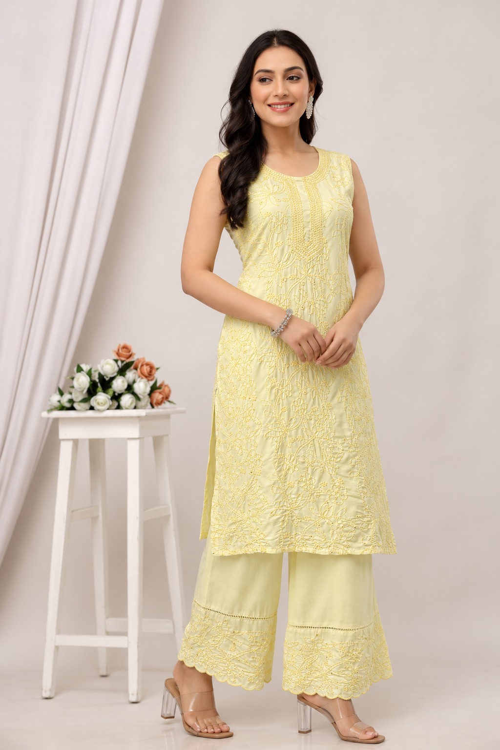 Yellow Embroidered Viscose Kurta Pant Set