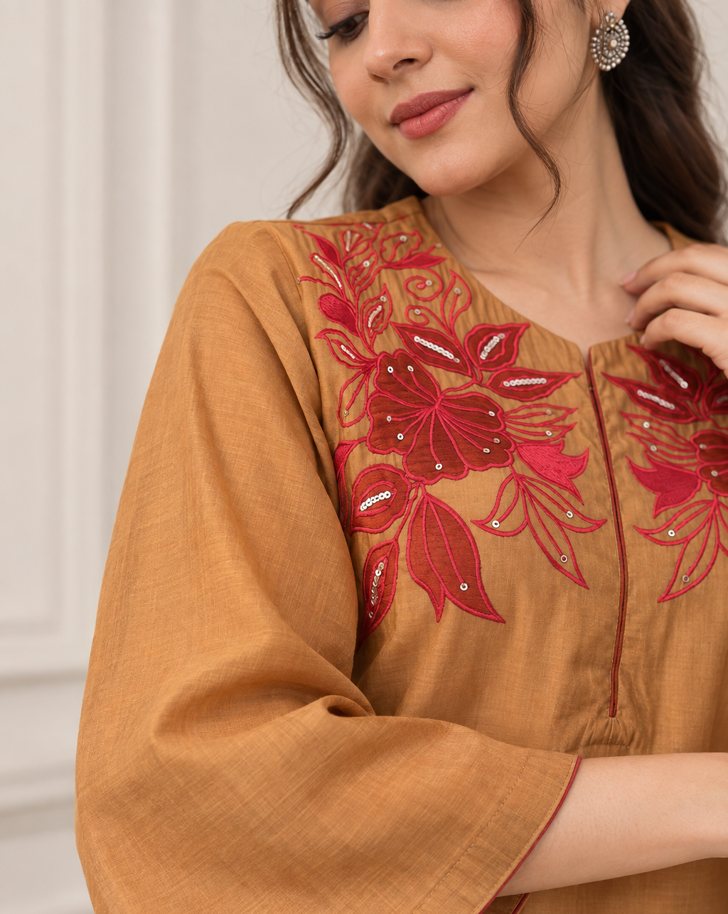 Tan Brown Embroidered Cotton Blend Kurta Pant Set - Image 2