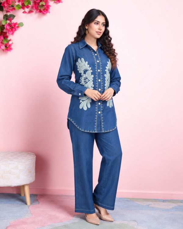 Indigo Blue Embroidered Denim Co-ord Set