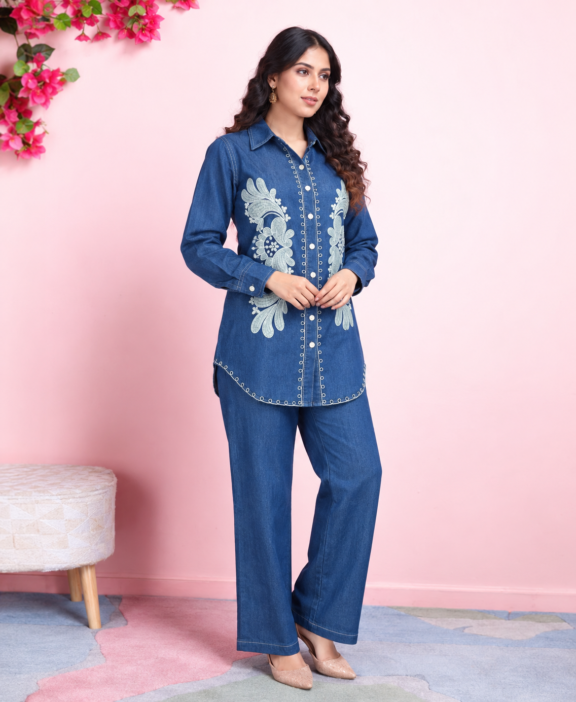 Indigo Blue Embroidered Denim Co-ord Set