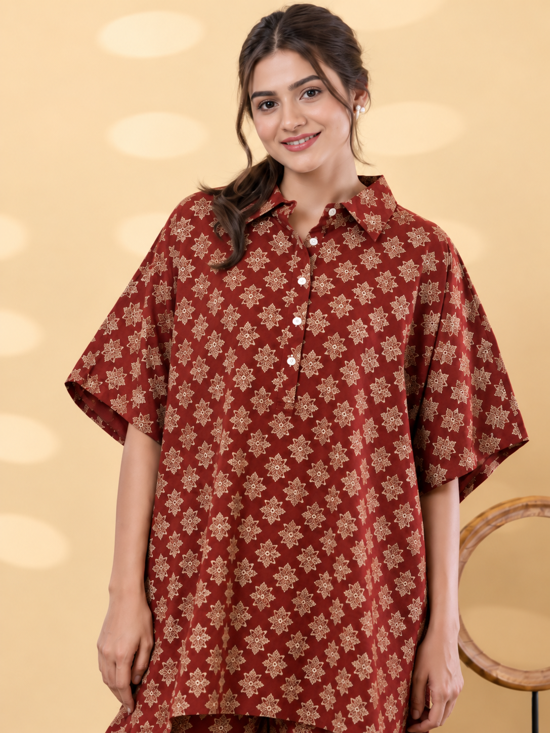 Maroon Printed Cotton Blend Kaftan Co-ord Set - Image 2